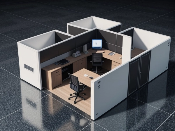 Diagram konsep kantor hibrida dengan zona kerja fleksibel dan teknologi