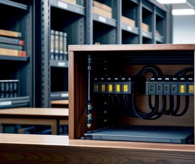 detail kompartemen kotak kabel grommet siluman di bawah meja resepsionis hpl motif kayu