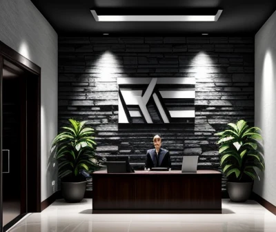 desain render 3d fotorealistik meja resepsionis lobi korporat b2b minimalis modern dengan backdrop logo led