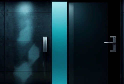 skema integrasi access control smart lock pada pintu kaca frameless kantor modern