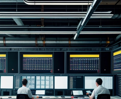 Ruang kontrol industri dengan desain interior ergonomis untuk shift malam