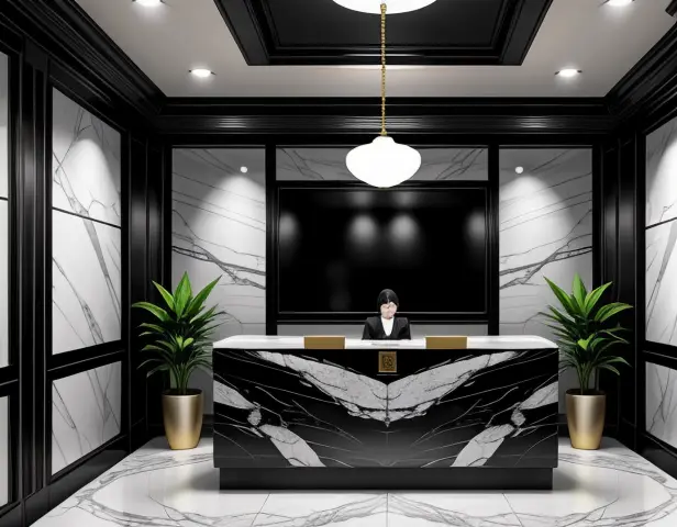 desain arsitektur interior meja teller bank berlapis marmer statuario dengan sekat kaca anti peluru