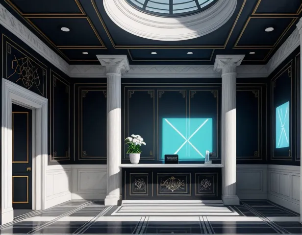 ilustrasi isometrik konseptual pembedahan arsitektur keamanan fisik lobi bank swasta dan mesin antrean digital