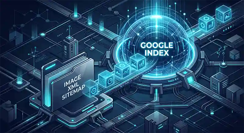 ilustrasi isometrik konseptual pembedahan indexing sitemap gambar oleh robot crawler google b2b