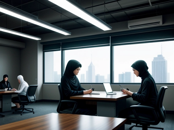 Visualisasi implementasi smart office dengan dashboard data dan karyawan bekerja