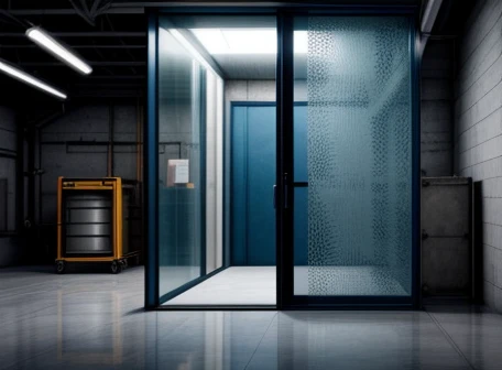 ilustrasi isometrik konseptual pembedahan anatomi mekanis engsel tanam floor hinge dan kekuatan kaca tempered