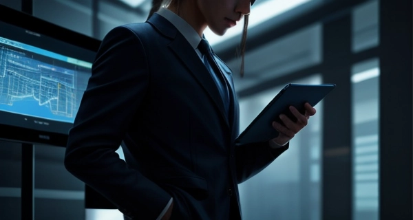 Auditor IT profesional melakukan scanning keamanan pada infrastruktur server smart building.