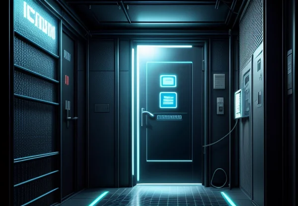 ilustrasi isometrik konseptual pembedahan otentikasi biometrik multi lapis keamanan gudang fisik b2b