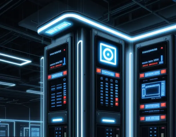 ilustrasi isometrik konseptual arsitektur integrasi sistem absensi wajah rfid dengan gerbang turnstile dan server database
