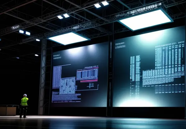 proses instalasi layar led videotron resolusi tinggi pada dinding struktur booth pameran b2b