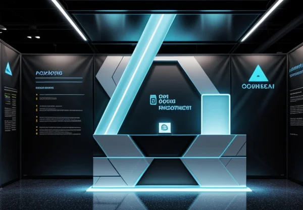 ilustrasi isometrik konseptual pembedahan arsitektur struktur modular dan tarik visual booth pameran korporasi