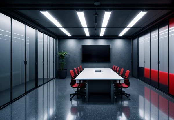 ilustrasi isometrik konseptual pembedahan arsitektur akustik ruang rapat kaca kedap suara di tengah kantor