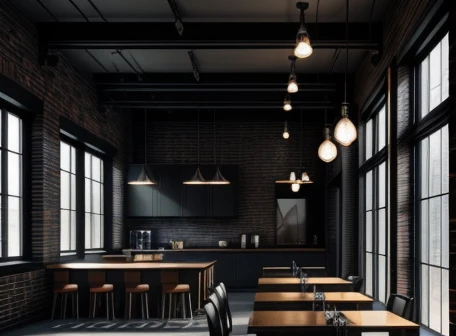 desain interior arsitektur 3d ruangan kafe gaya industrial dengan partisi grid baja hitam dan kaca