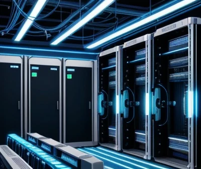 ilustrasi isometrik konseptual pembedahan penataan manajemen kabel rapi pada ruang pusat data server