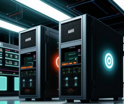 ilustrasi isometrik konseptual rackmount server data center terhubung dengan modul baterai ups online dan snmp