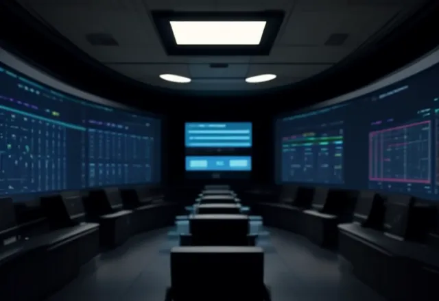 Ruang kontrol pusat data yang dirancang ergonomis untuk mengurangi beban kognitif staf IT.