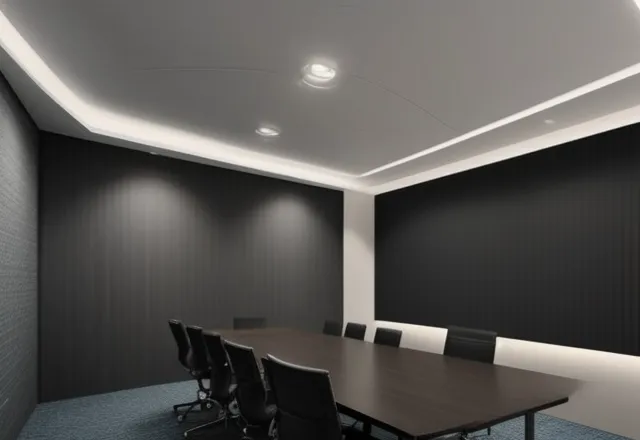 Ruang rapat yang dioptimalkan secara akustik dengan panel penyerap suara dan sistem audio jernih.