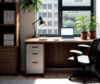 Sentuhan Biophilic di Ruang Kerja Minimalis untuk Kesejahteraan Karyawan Kubikel kantor minimalis yang dihiasi elemen biophilic kecil seperti tanaman pot dan organizer kayu