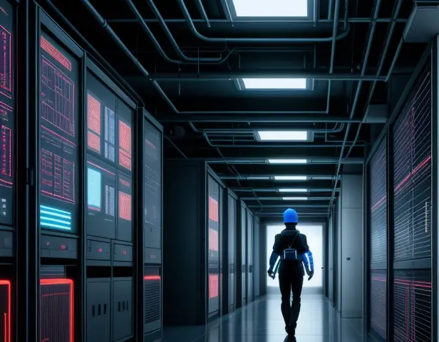 ilustrasi isometrik konseptual arsitektur jaringan siber rumah sakit terlindungi dinding api firewall dari serangan hacker