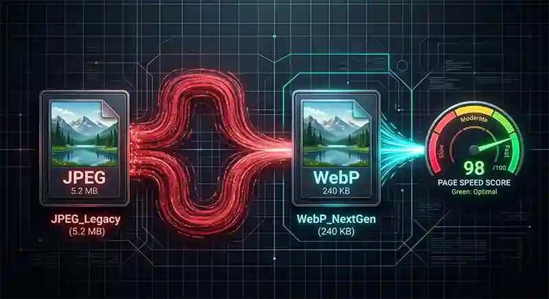 skema perbandingan kompresi ukuran file format jpeg vs webp untuk mempercepat core web vitals