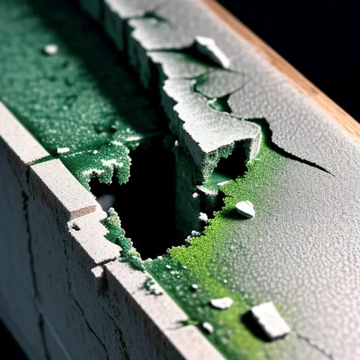 analisis struktur kerusakan partisi dinding gypsum yang hancur dimakan koloni jamur hitam akibat rembesan air