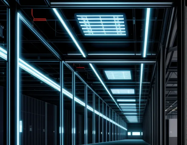 ilustrasi isometrik arsitektur topologi jaringan kabel fiber optic aerial menghubungkan dua gedung pabrik komersial