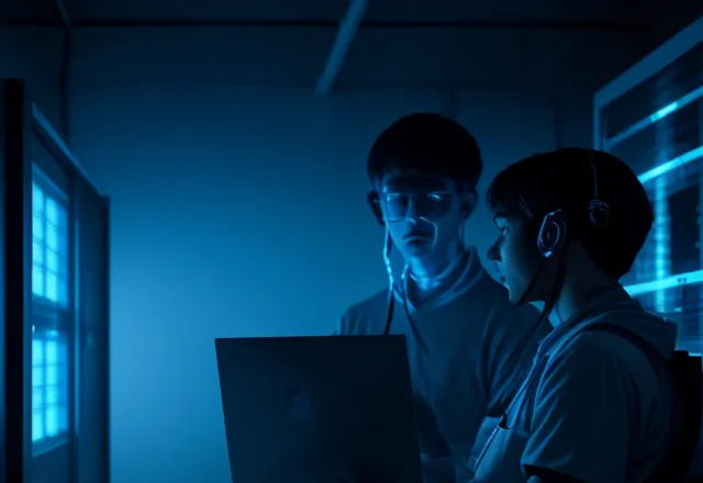 Teknisi IT bekerja di pusat data dengan desain ergonomis dan kabel yang rapi sesuai standar ISO.