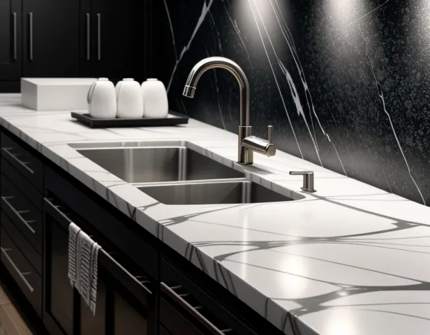 detail jarak ketinggian pemasangan stop kontak dinding dapur di atas meja pantry granit