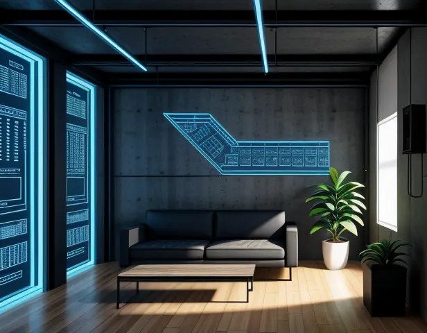 ilustrasi konseptual isometrik blueprint arsitektur tata letak dan elevasi ketinggian stop kontak ruangan