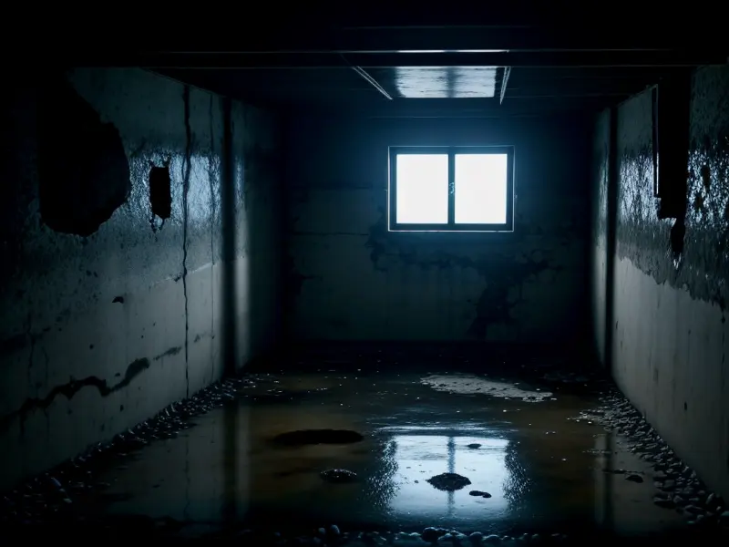 Turbulensi tekanan hidrostatik dinamis yang mendobrak jaringan kapiler dinding beton ruang arsip basemen komersial.