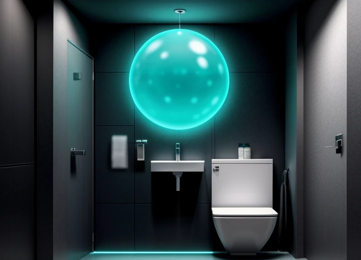 ilustrasi isometrik konseptual pembedahan partisi kubikel toilet komersial phenolic board anti air dan engsel gravitasi