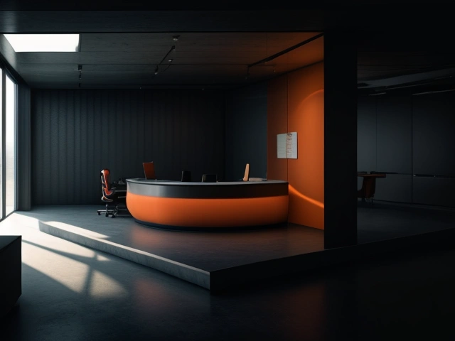 Visualisasi konseptual asimetri akustik di mana gelombang suara frekuensi rendah memantul tak terkendali di dalam kantor berkonsep terbuka.