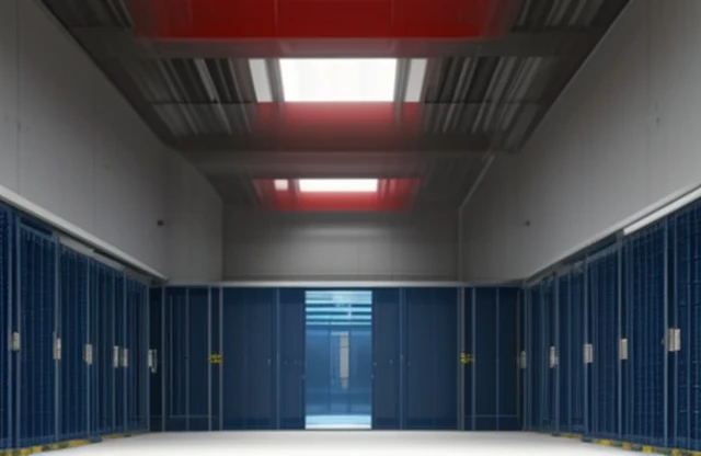 Tampilan teknis instalasi sistem pengurungan lorong dingin (Cold Aisle Containment) yang mengunci tekanan udara untuk efisiensi pendinginan hardware peladen.