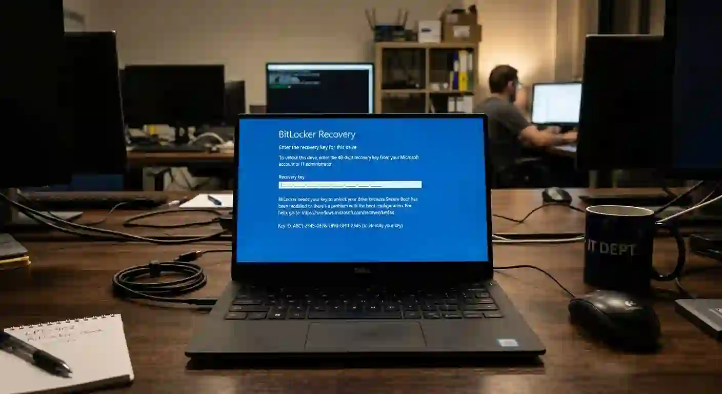 Layar biru pemulihan BitLocker khas Windows yang meminta pengguna memasukkan 48 digit kunci pemulihan