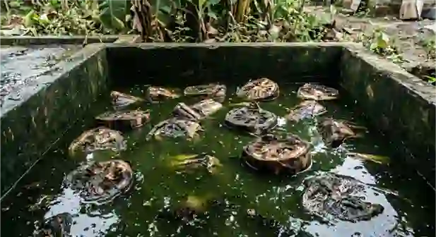 Potongan melintang batang pelepah pohon pisang yang membusuk direndam di dalam air kolam semen hijau gelap untuk proses kuring netralisasi sisa racun kimia