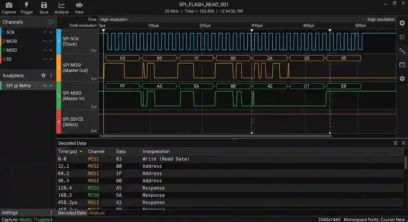 Tangkapan layar perangkat lunak logic analyzer membaca sinyal heksadesimal dari pin bus SPI pada motherboard PC