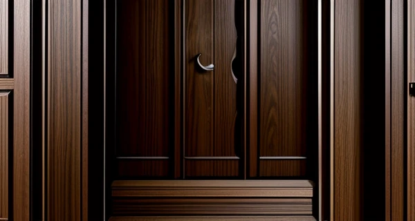 Detail potongan penampang pintu akustik kayu solid dengan mekanisme automatic drop seal tersembunyi