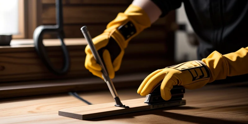 Tangkapan layar proses aplikasi pelapis HPL menggunakan lem kuning kontak pada substrat kayu multipleks di bengkel furnitur.