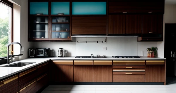 Desain interior kitchen set komersial stainless steel dan HPL motif kayu tahan api tingkat tinggi