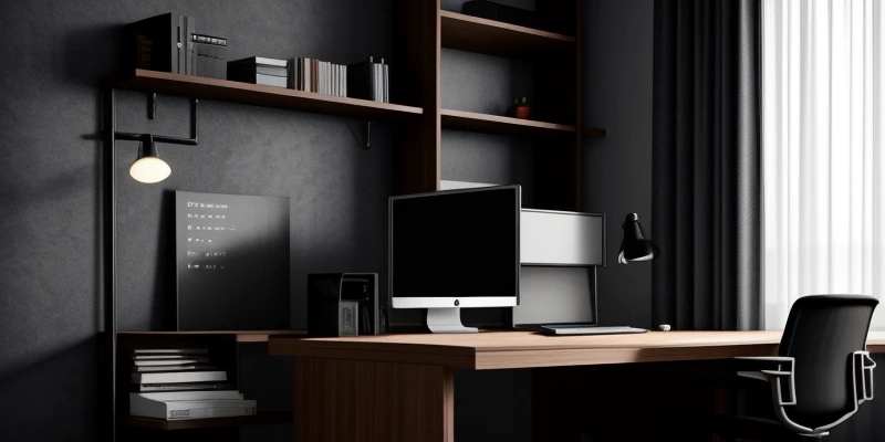 Setup lengan monitor VESA ganda yang terpasang pada meja berlapis material HPL matte anti silau.