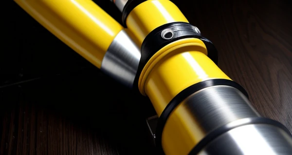 Tampilan jarak dekat instalasi pipa gas baja hitam tebal berwarna kuning dengan sambungan las argon presisi tanpa drat di dinding dapur komersial restoran.