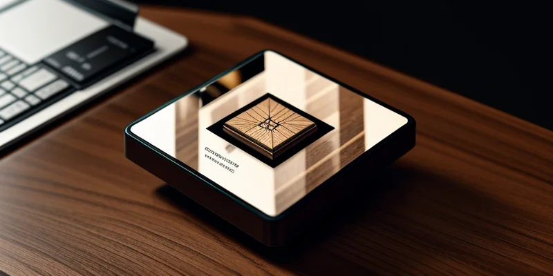 Visual tata letak material moodboard fisik berupa potongan karpet, HPL kayu, dan palet warna berdampingan dengan tablet digital yang menampilkan denah kantor B2B.